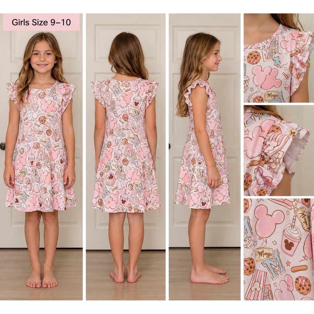 Think Pink Bows Girls Magic Theme Park Snack Flutter Sleeve Dress Pink Size 9-10